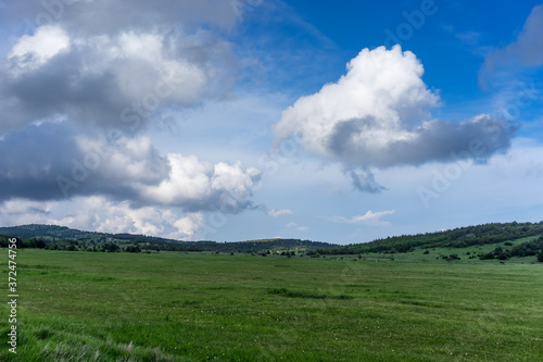 A huge green field of grass under blue sky and white clouds.
