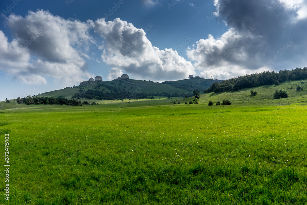 A huge green field of grass under blue sky