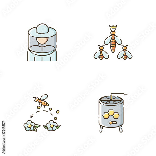 Beekeeping business RGB color icons set. Beekeeper suit, queen bee, pollination and honey extractor. Honeybees and apiarist tools. Isolated vector illustrations