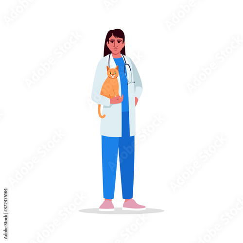 Veterinarian semi flat RGB color vector illustration. Medical personnel. Female doctor. Veterinary physician. Young hispanic veterinary surgeon isolated cartoon character on white background