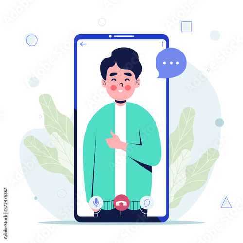 Social smartphone with young man in video call concept. Flat design vector illustration