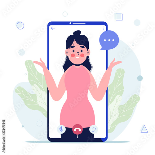 Social smartphone with woman in video call concept. Flat design vector illustration