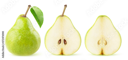 Whole green bartlett pear with leaf and pear halves in a row isolated on white background