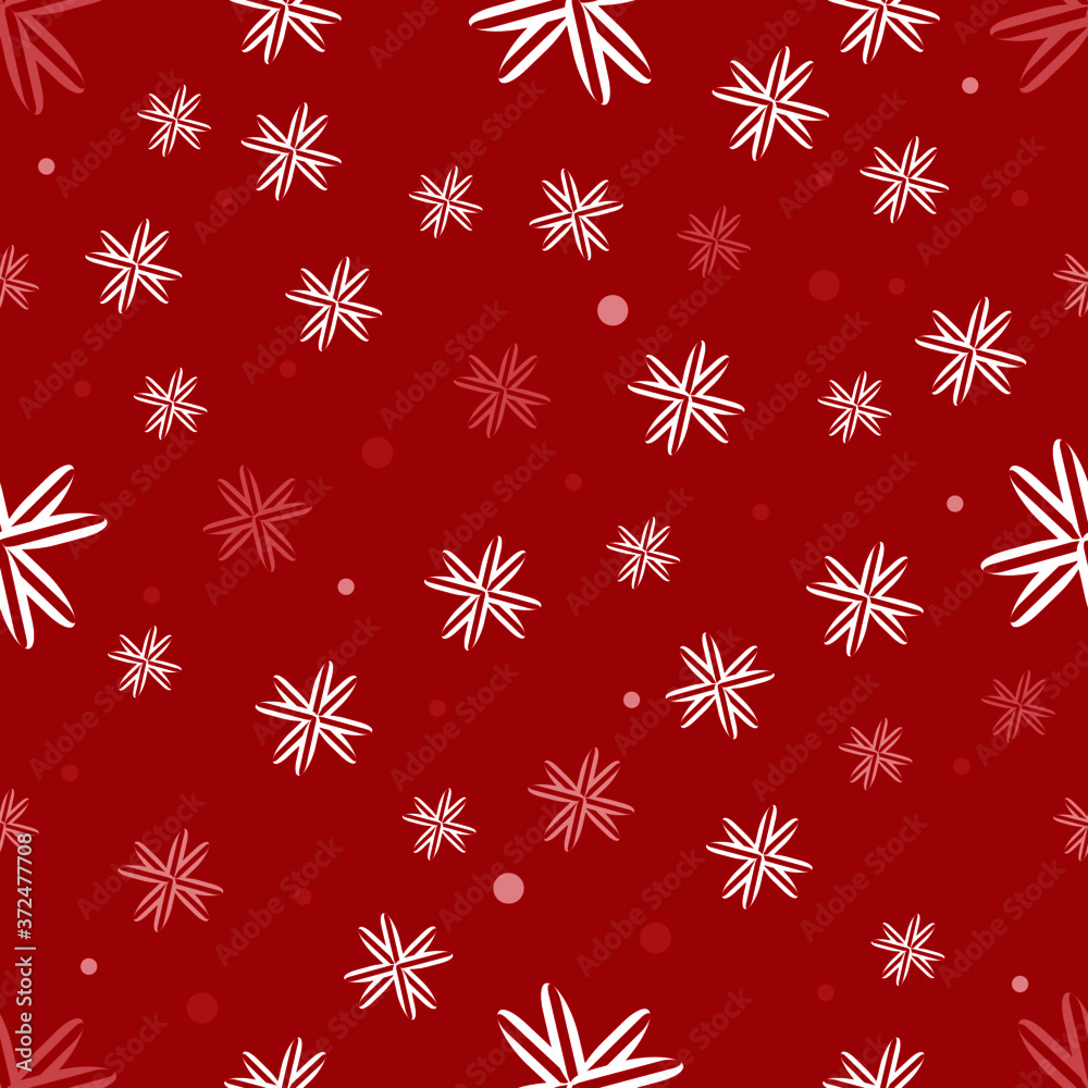 White round and ornamental snowflakes on a red background. Seamless pattern. Christmas theme. Holiday time. New year's texture. For wallpaper, postcards, textiles, and design. Vector illustration. White round and ornamental snowflakes on a red background. Seamless pattern. Christmas theme. Holiday time. New year's texture. For wallpaper, postcards, textiles, and design. Vector illustration.