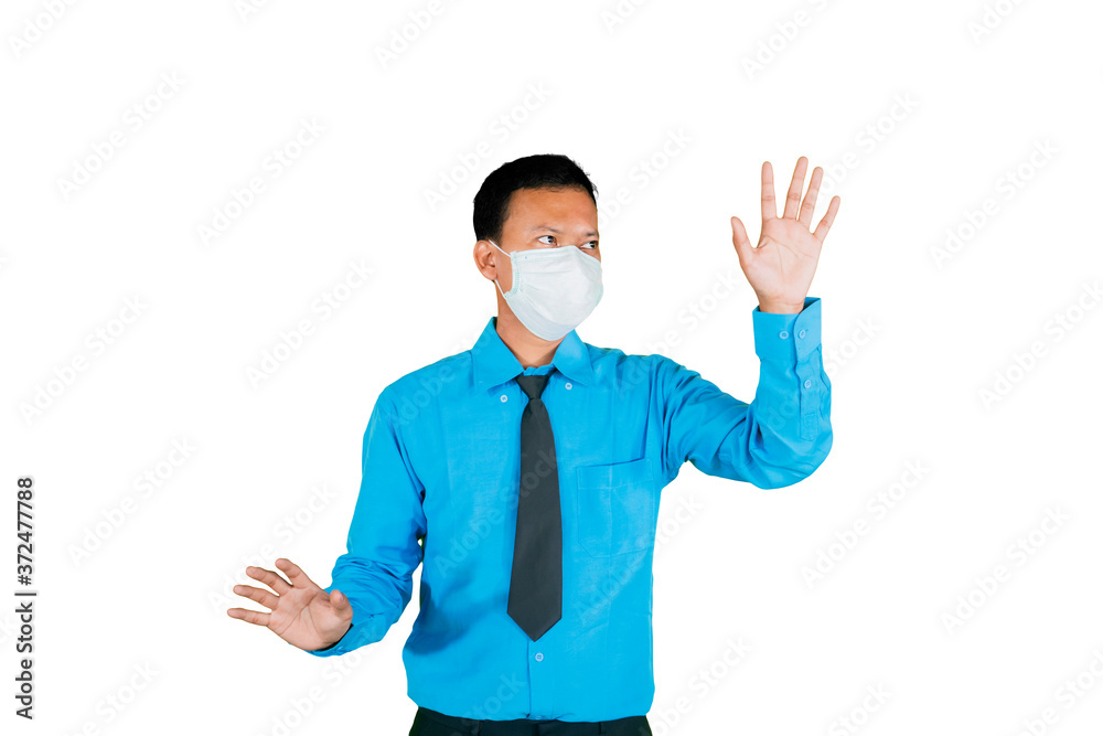 Male worker wear mask and work with virtual screen Male worker wear mask and work with virtual screen
