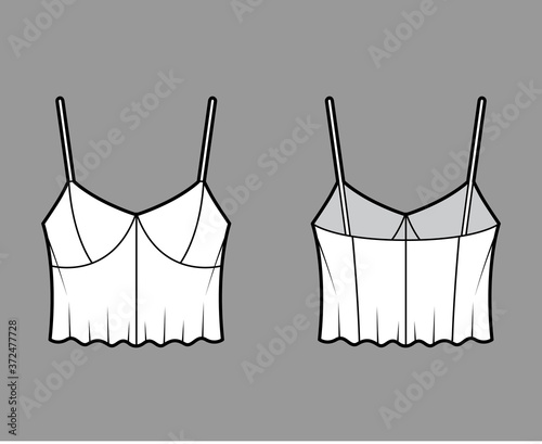 Cropped top technical fashion illustration with sweetheart neck, straps, flare hem, waist length. Flat outwear tank apparel template front back white color. Women, men unisex shirt camisole CAD mockup