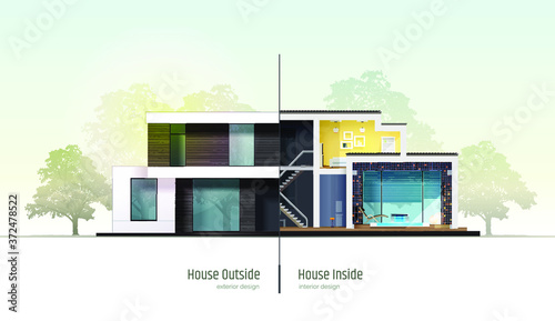 House in cross-section. Modern loft style house, villa, cottage, townhouse with shadows. Architectural visualization of a three storey cottage inside and outside. Realistic vector illustration.