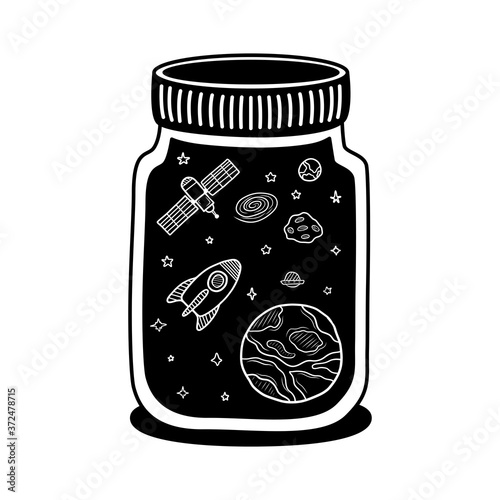 Space objects in the glass jar. Cosmic objects, ufo, rocket, planet, asteroid, stars in the bottle. Use for postcard, poster, banner, web design and print on a t-shirt. Vector illustration.