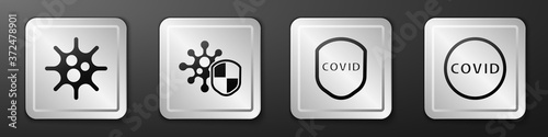 Set Virus, Shield protecting from virus, Shield protecting from virus and Corona virus covid-19 icon. Silver square button. Vector.