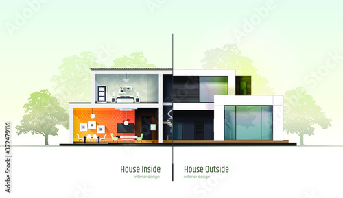 House in cross-section. Modern loft style house, villa, cottage, townhouse with shadows. Architectural visualization of a three storey cottage inside and outside. Realistic vector illustration.