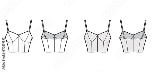 Cropped top technical fashion illustration with sweetheart neck, straps, slim fit, waist length. Flat outwear tank apparel template front, back, white grey color. Women, men unisex shirt camisole CAD