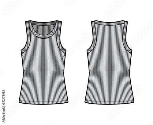 Ribbed cotton-jersey tank technical fashion illustration with wide scoop neck, relax fit knit, tunic length. Flat outwear camisole apparel template front back grey color. Women men unisex shirt top