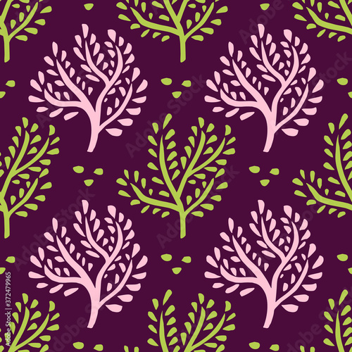 Seamless floral ornament. Hand drawn trees, forest background