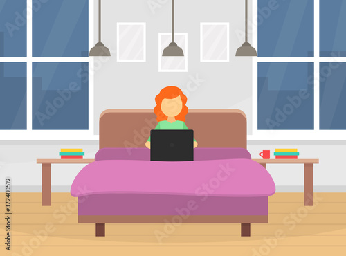 Girl Working on Laptop while Sitting on the Bed, Freelance Work or Studying Cartoon Vector Illustration