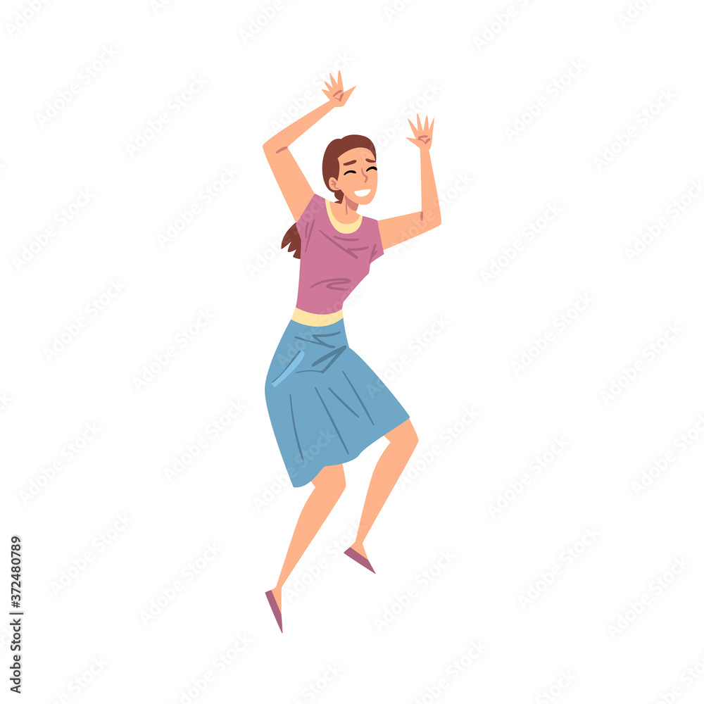 Cheerful Smiling Woman Happily Jumping, Happy Person Character in Casual Clothes Cartoon Style Vector Illustration