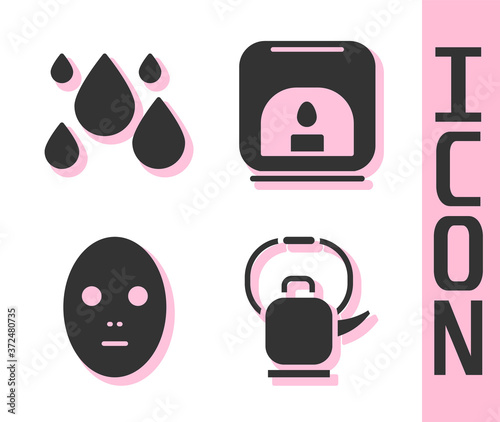 Set Kettle with handle, Water drop, Facial cosmetic mask and Aroma lamp icon. Vector.