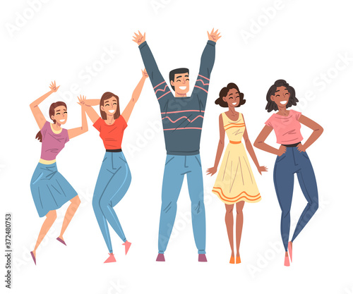 Happy Smiling People Set, Cheerful Guy and Girls Characters Having Fun Together Cartoon Style Vector Illustration