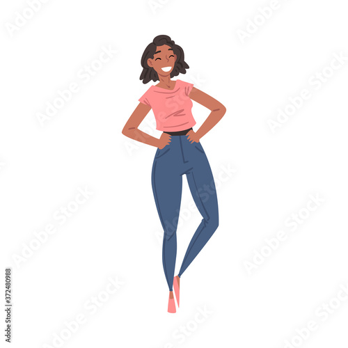 Cheerful Smiling Young Woman, Happy Girl Character in Casual Clothes Cartoon Style Vector Illustration