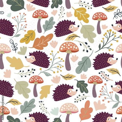 Autumn seamless pattern/background/wallpaper with seasonal design, hedgehogs, mushrooms and leaves