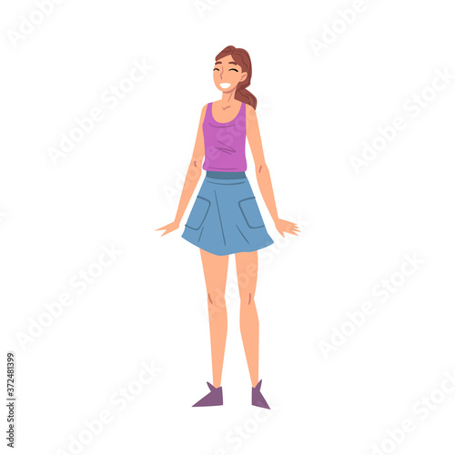 Cheerful Smiling Girl, Happy Person Character Wearing Skirt and Tank Top Cartoon Style Vector Illustration