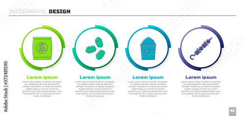 Set Hard bread chucks crackers, Chicken nuggets, Popcorn in box and Grilled shish kebab. Business infographic template. Vector.