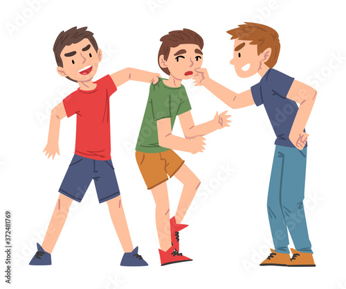 Sad Boy Bullied by Classmates, Two Boys Mocking and Laughing Him, Mockery and Bullying at School Problem Cartoon Style Vector Illustration