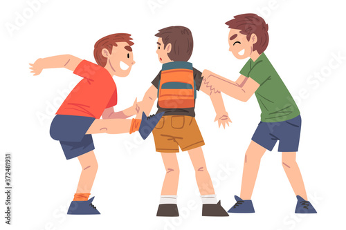 Boy Bullied by Others, Two Boys Mocking, Laughing and Attacking Weaker Victim, Mockery and Bullying at School Problem Cartoon Style Vector Illustration