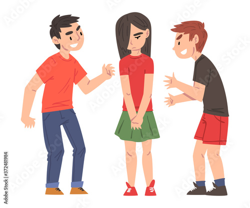 Sad Girl Bullied by Classmates, Two Boys Mocking Her, Pointing Fingers and Laughing, Mockery and Bullying at School Problem Cartoon Style Vector Illustration