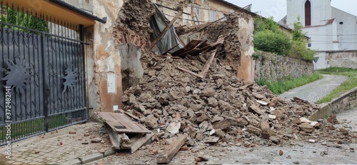 View of a fallen house in the town of Gelnica in Slovakia