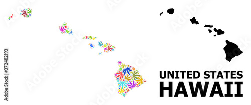 Vector Mosaic Map of Hawaii State of Psychedelic Hemp Leaves and Solid Map