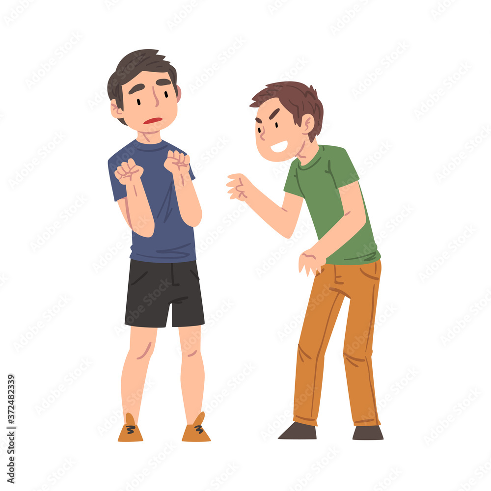 Sad Boy Bullied by Another, Classmate Mocking, Laughing and Pointing Finger Him, Mockery and Bullying at School Problem Cartoon Style Vector Illustration Sad Boy Bullied by Another, Classmate Mocking, Laughing and Pointing Finger Him, Mockery and Bullying at School Problem Cartoon Style Vector Illustration