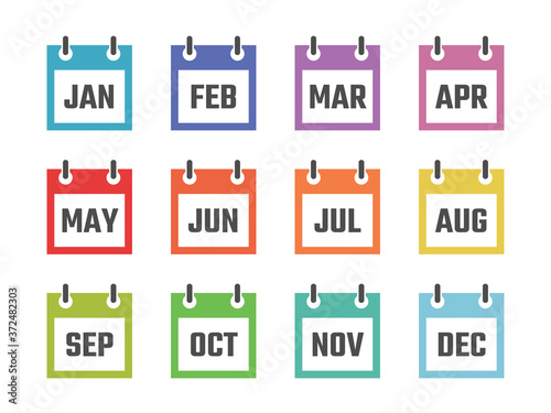12 month calendar sign set vector illustration, color signs for all months of the year