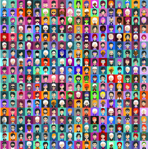 Set of people icons in flat style with faces. Vector women, men