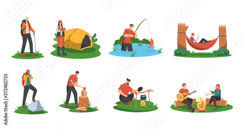 People camping in forest. Hiking, lying on hammock, cooking, sitting around bonfire. Summertime outdoor activities
