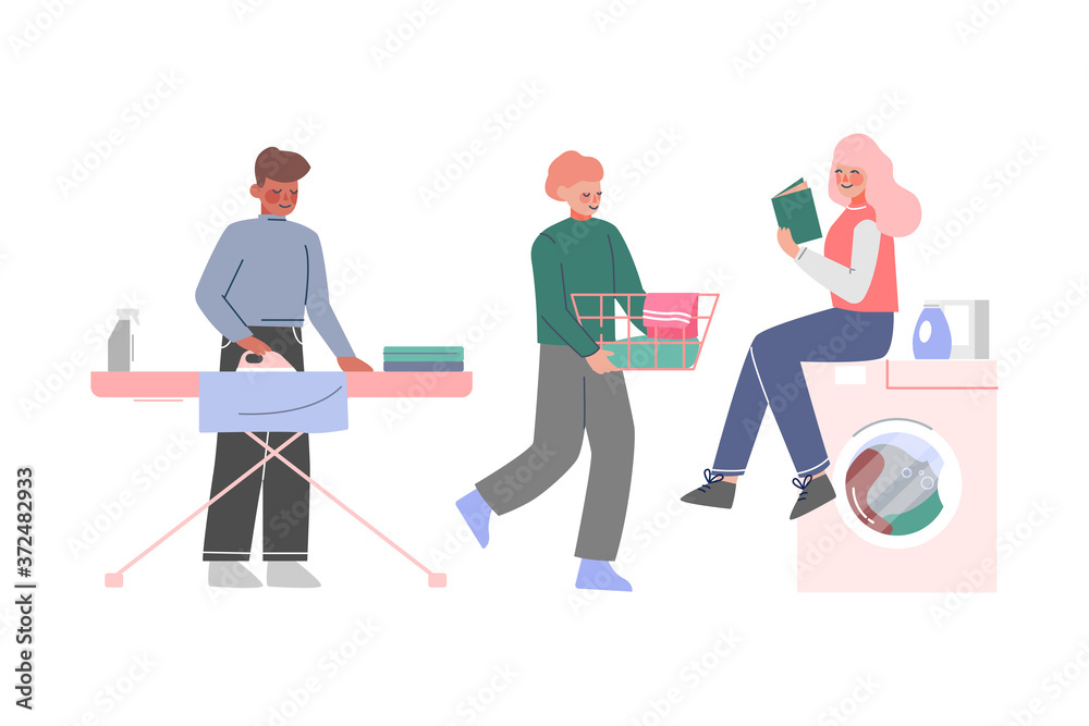 People Doing Laundry at Public Laundrette, Young Men and Woman Washing and Drying Clothes Flat Style Vector Illustration