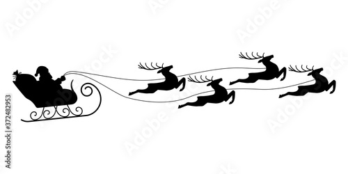 Santa on sleigh with reindeers. Flying Christmas sled or sledge silhouette with Santa Claus and deers. Xmas holiday decoration. Vector illustration.