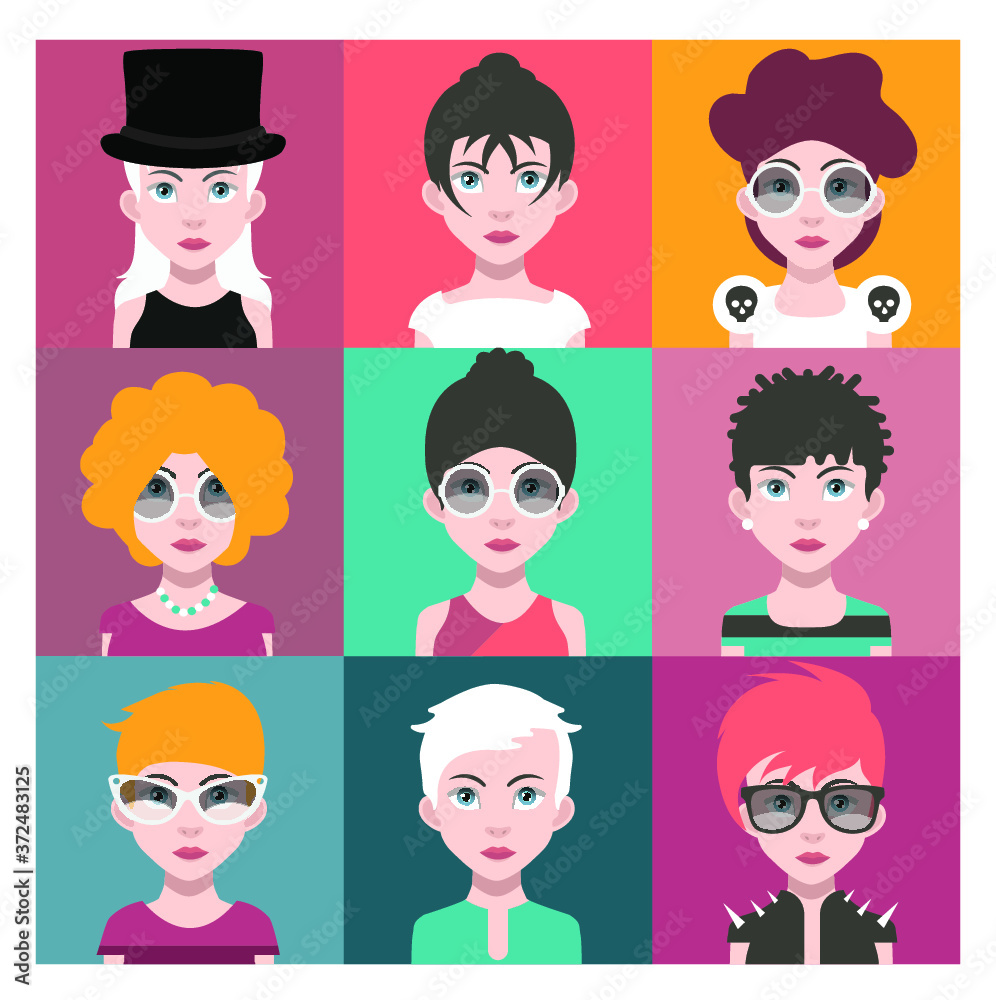 Set of people icons in flat style with faces. Vector women, men Set of people icons in flat style with faces. Vector women, men