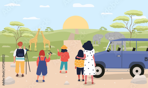 Vector illustration of children at savannah. Group of young children with teacher looking on wild animals in african nature