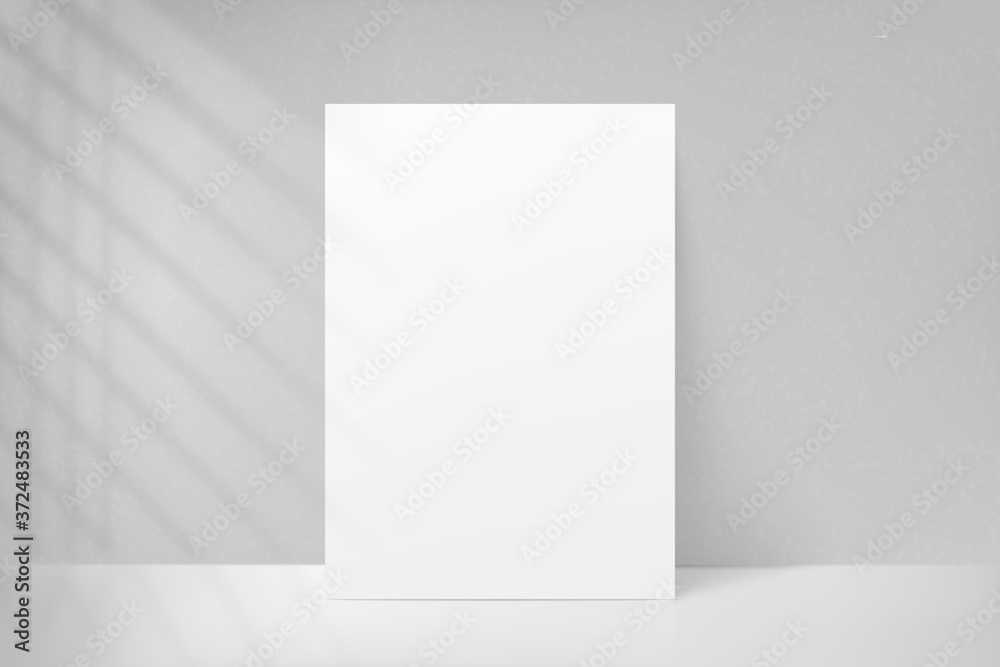 Mockup poster with shadow blinds from window. Mock up sheet paper. White empty blank. Vertical mockup. Light from window. Realistic reflected shadow on wall. Overlay effect. Shade jalousie. Vector Mockup poster with shadow blinds from window. Mock up sheet paper. White empty blank. Vertical mockup. Light from window. Realistic reflected shadow on wall. Overlay effect. Shade jalousie. Vector