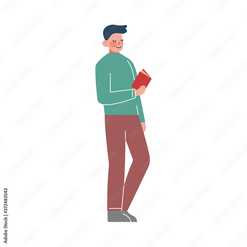 Guy Standing and Reading a Book, Young Man Spending Spare Time by Reading Literature Flat Style Vector Illustration