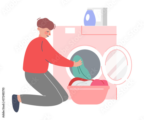 Young Man Putting Dirty Clothes in Washing Machine, Guy Doing Laundry at Home Flat Style Vector Illustration