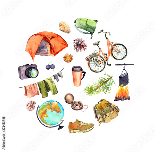 Tent, camp fire, photo camera, cup, choes, bicycle, backpack, pine branch, other touristic equipment. Watercolor round pattern for travel design, Tourist day photo