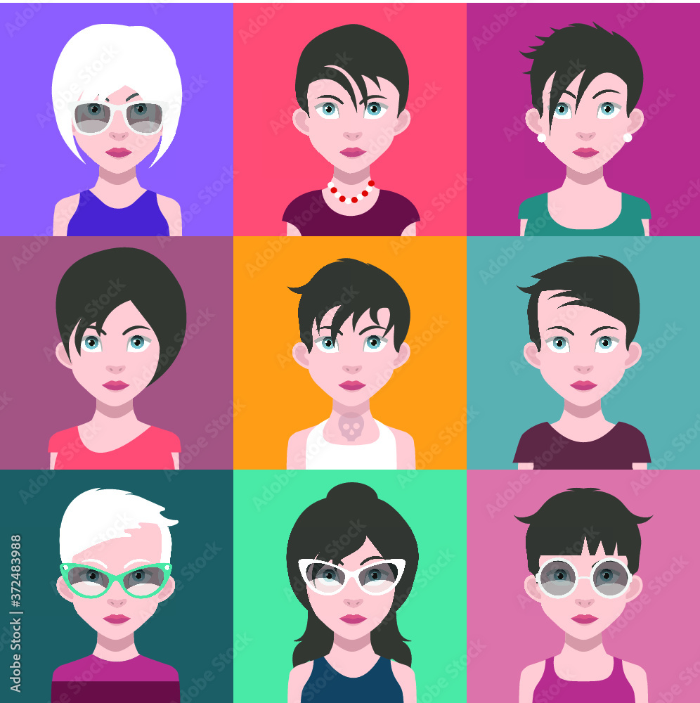 Set of people icons in flat style with faces. Vector women, men Set of people icons in flat style with faces. Vector women, men