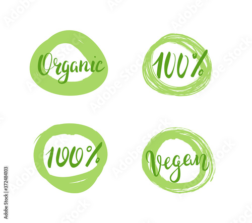 Set of green Vegan labels with hand drawn lettering organic, 100% and vegan. - Vector