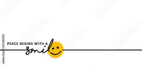 Slogan peace begins with a smile. Happy world smile day, smiling is loading. Big happiness. Funny vector best quotes. Relaxing and chill, happy motivation and inspiration message moment concept.
