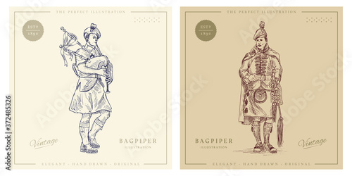 Bagpiper with bagpipes vintage hand drawn illustration