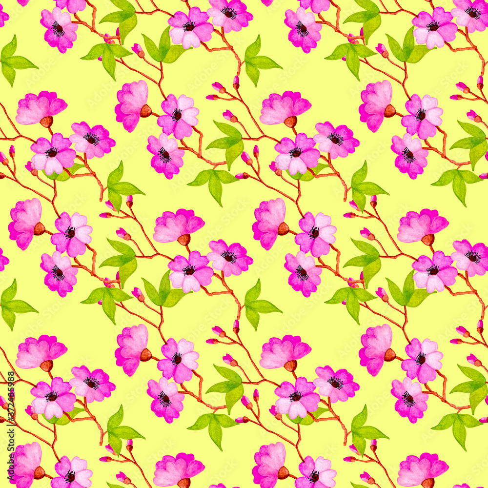 Seamless watercolor pattern of branches of apple, sakura with leaves and flowers.