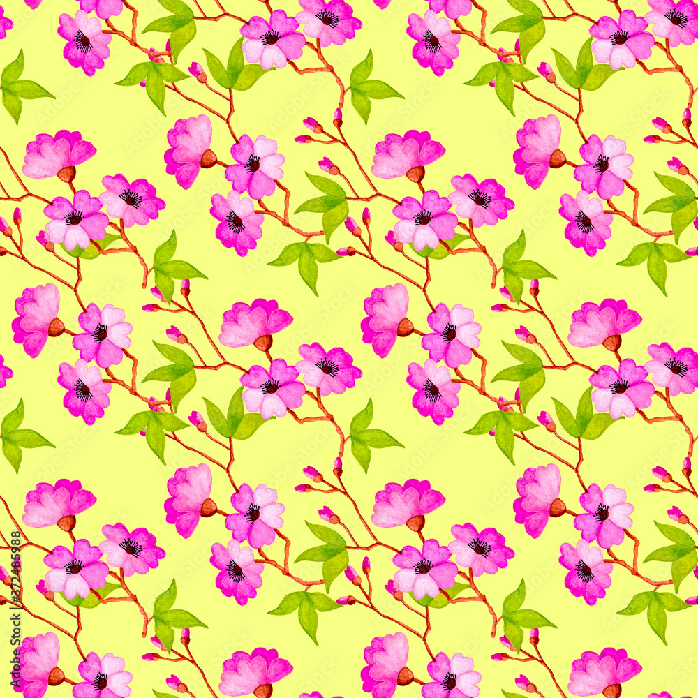 Seamless watercolor pattern of branches of apple, sakura with leaves and flowers. Seamless watercolor pattern of branches of apple, sakura with leaves and flowers.