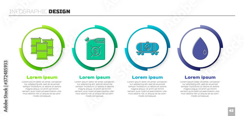 Set Barrel oil, Canister for motor machine oil, Oil railway cistern and Oil drop. Business infographic template. Vector.