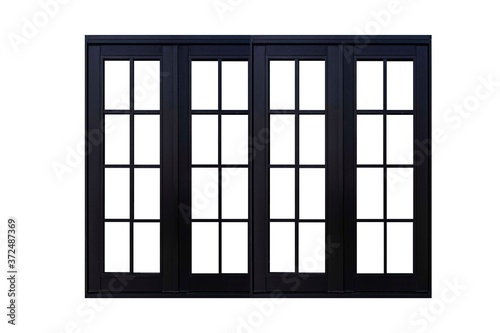 European style black wooden window frame isolated on a white background